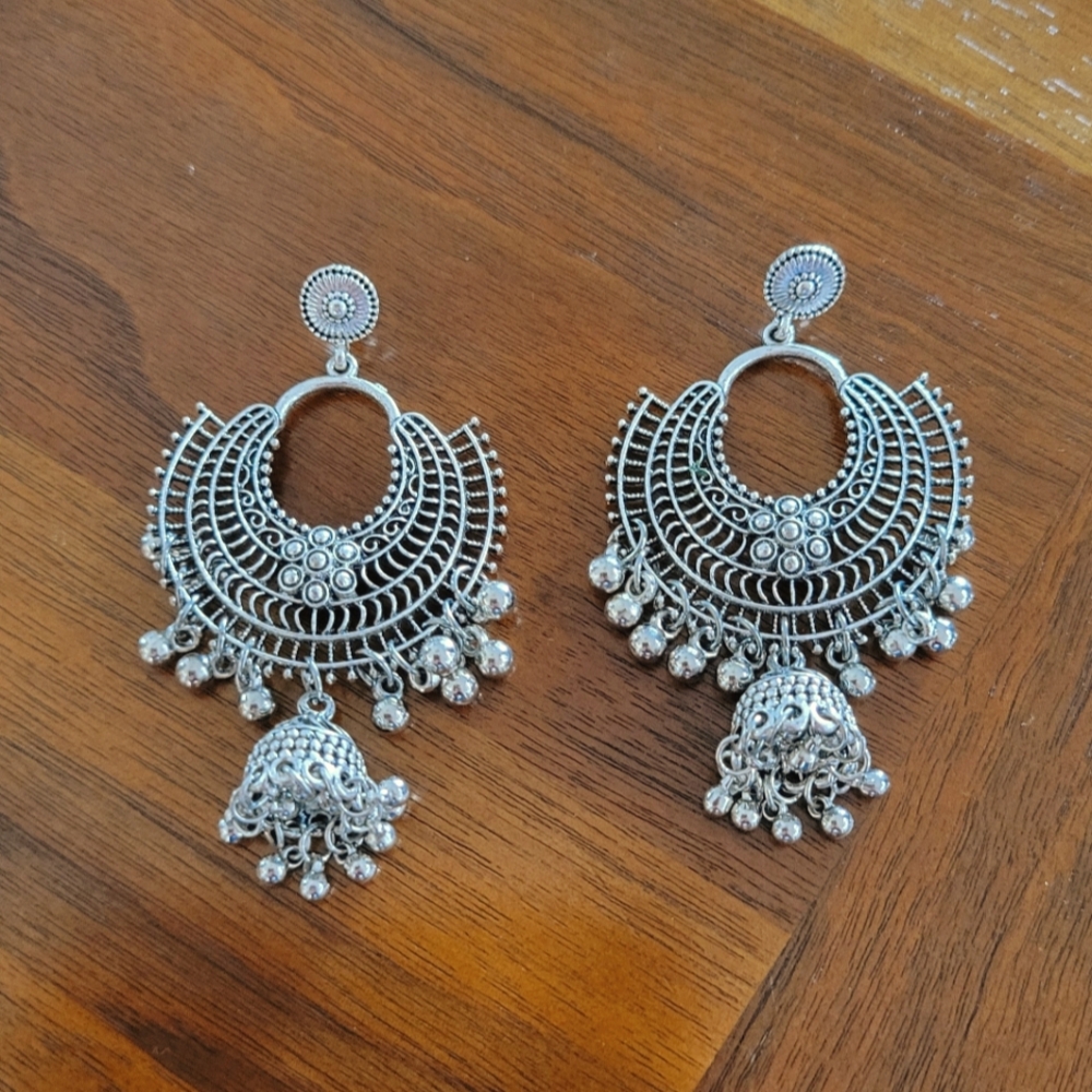 Silver Beaded Statement Earrings From India Bold … - image 1